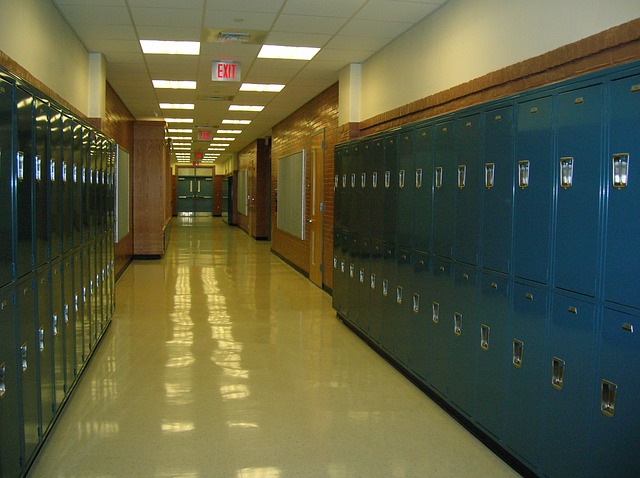 A high school hallway with rows of blue lockers are pictured